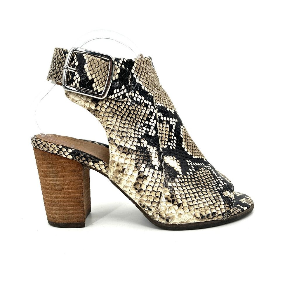 VIONIC Blakely Black Tan Snakeskin Print Peep Toe Block Heel Shoes Size 7.5